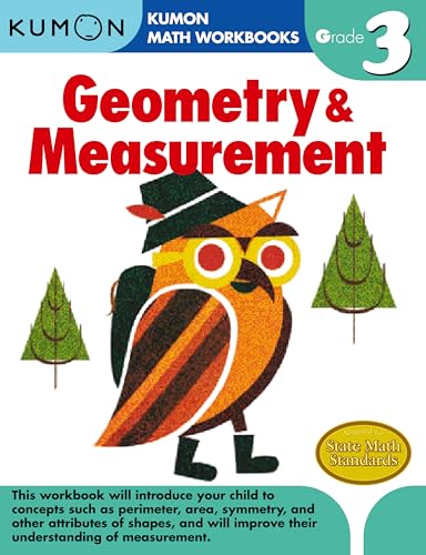 Kumon Grade 3 Geometry & Measurement workbook cover featuring an owl illustration and two trees.
