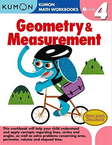 Kumon Grade 4 Geometry and Measurement workbook cover featuring an elephant riding a bicycle.