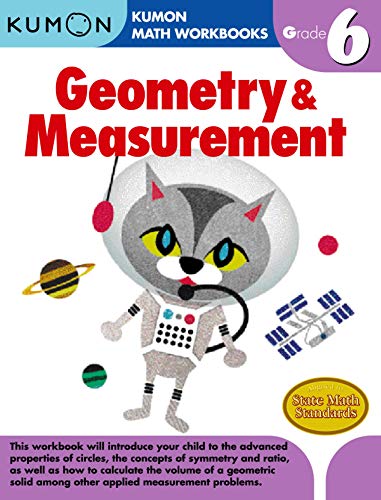 Kumon Grade 6 Geometry and Measurement workbook cover featuring an illustrated cat astronaut.