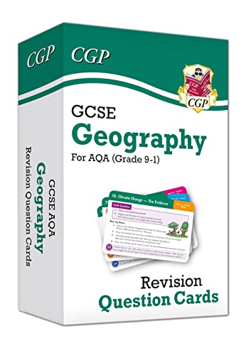 A box of CGP GCSE Geography AQA revision question cards with a sample card shown.