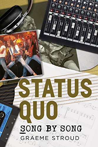 Book cover for "Status Quo Song by Song" with band photos and music equipment.