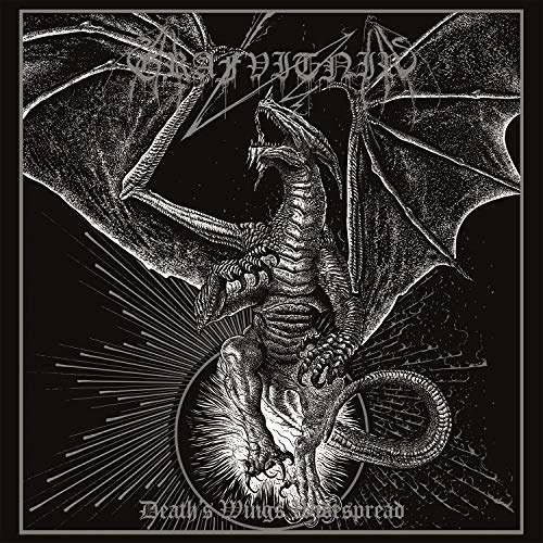 Black and white illustration of a dragon with outstretched wings.
