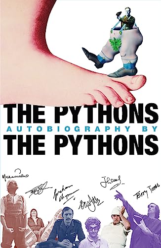 Book cover featuring a giant foot, a small man in pants, and Python member photos.