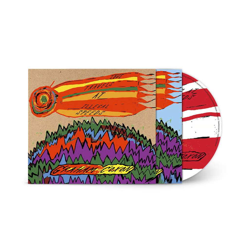 Graham Coxon album cover with colorful, abstract mountain and fruit imagery.
