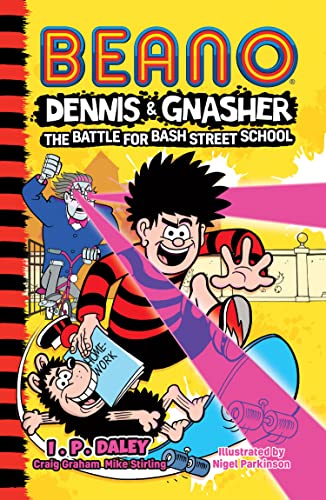 Beano book cover featuring Dennis, Gnasher, and a laser beam effect.