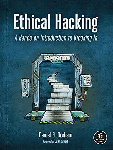 Book cover: "Ethical Hacking" with a security gate and staircase illustration.