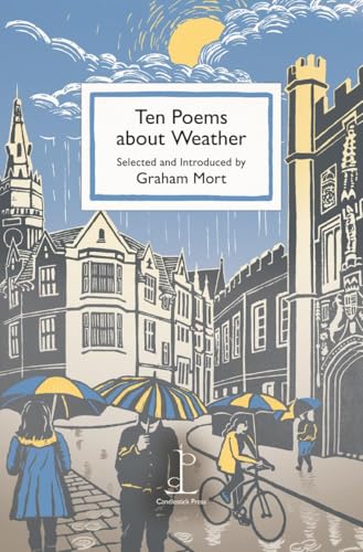 Book cover illustration showing people with umbrellas on a rainy street in a city.