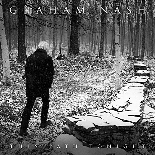 Black and white vinyl album cover featuring a man walking down a forest path.