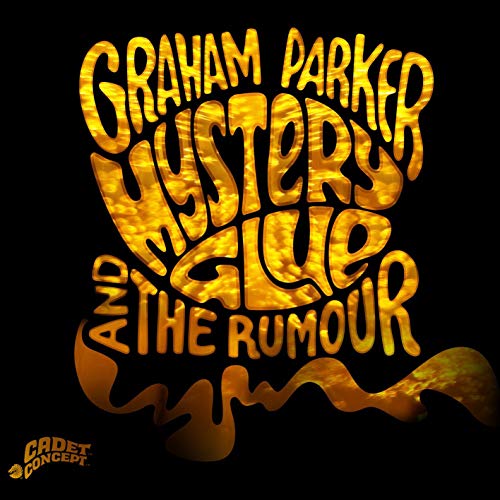 CD cover for Graham Parker & The Rumour’s “Mystery Glue” album, gold lettering.