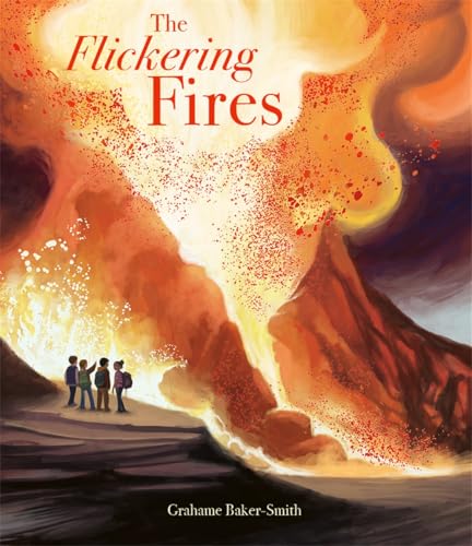 Book cover: children silhouetted before a fiery volcano landscape.