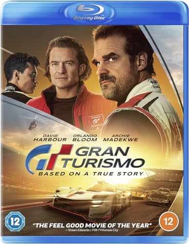 Blu-ray cover for "Gran Turismo," featuring actors and racing cars.