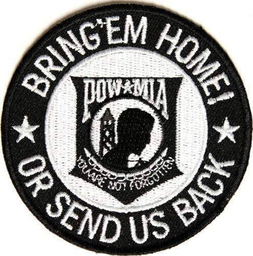 Round black and white patch with a POW/MIA silhouette and text.