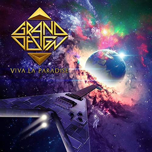 CD cover: Earth, spaceship, guitar, and cosmic nebula background.