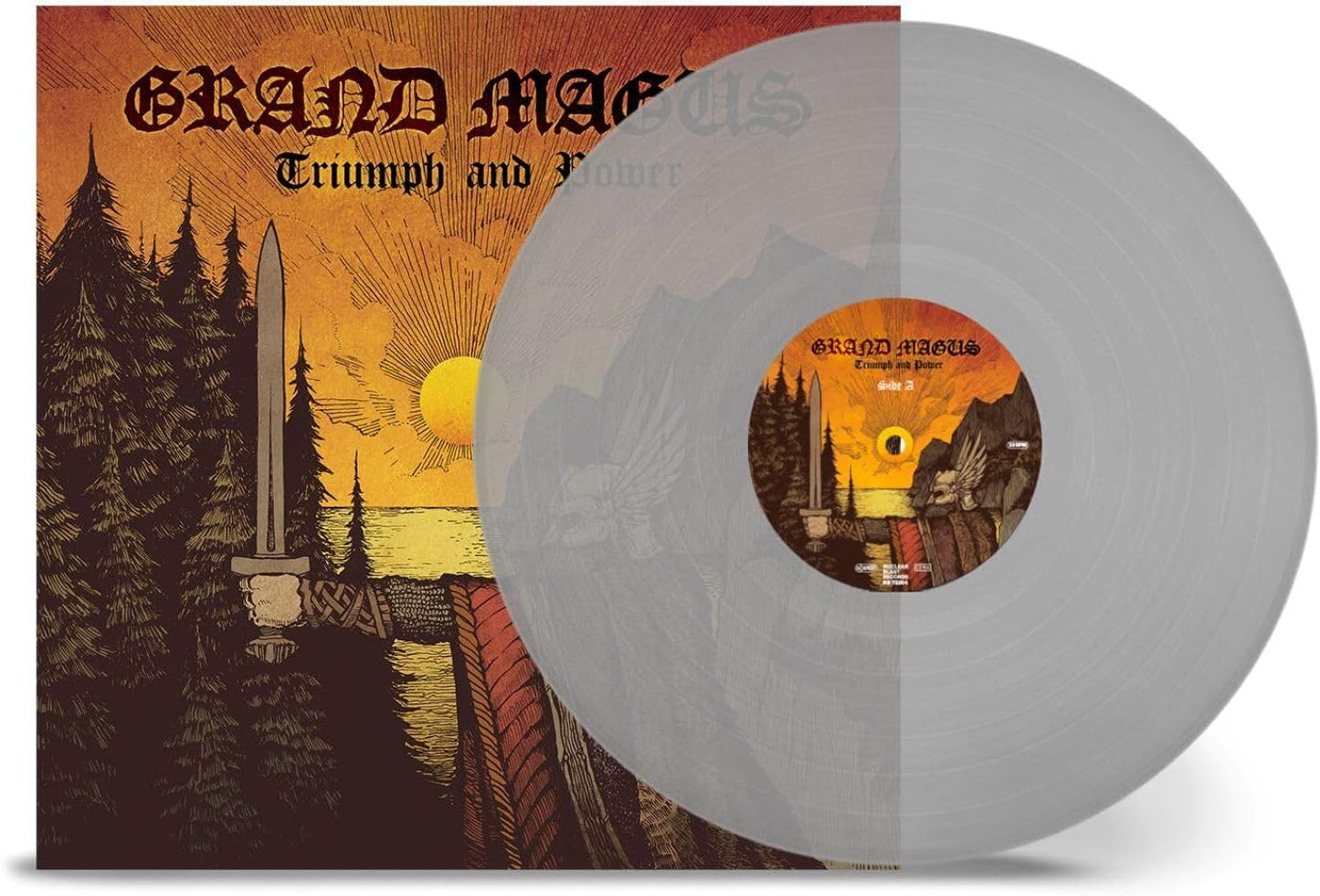 Grand Magus Triumph and Power vinyl record with illustrated sleeve and clear vinyl disc.