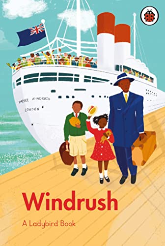 Ladybird book cover depicting a family and the Empire Windrush ship.