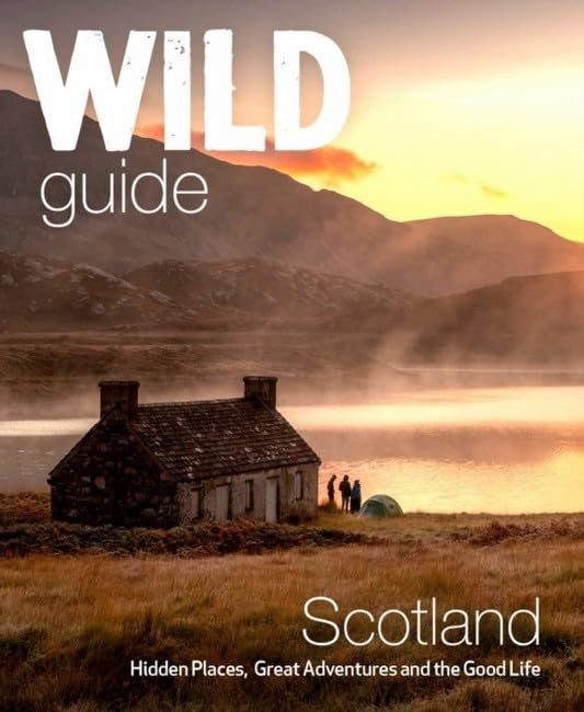 Book cover featuring a stone cottage, people camping by a lake, and misty mountains.