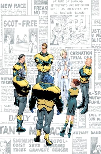 X-Men team portrait with newspaper collage background, comic book art.