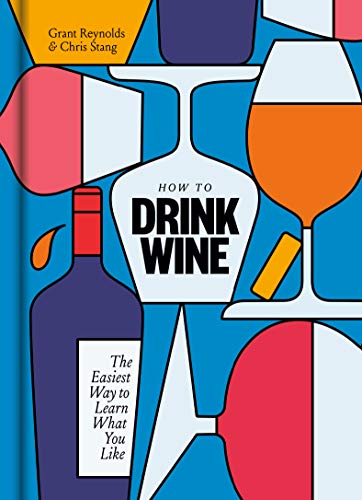 Book cover with stylized illustrations of wine glasses and a bottle on blue background.