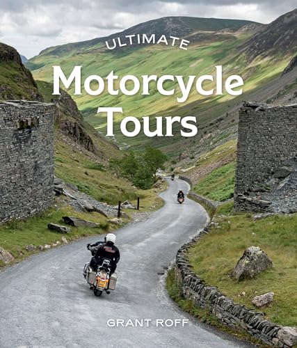 Motorcyclists ride along a winding road through a green mountain valley with stone walls.
