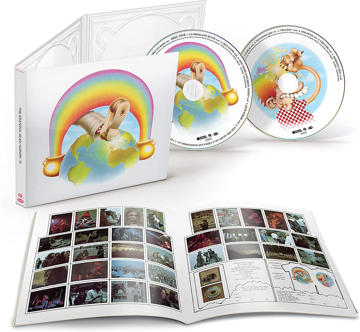 "CD case and discs with rainbow artwork, accompanied by a booklet featuring concert photos."