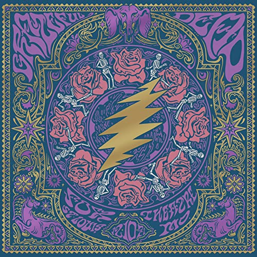 Grateful Dead album cover with skeletons, roses, and a lightning bolt.