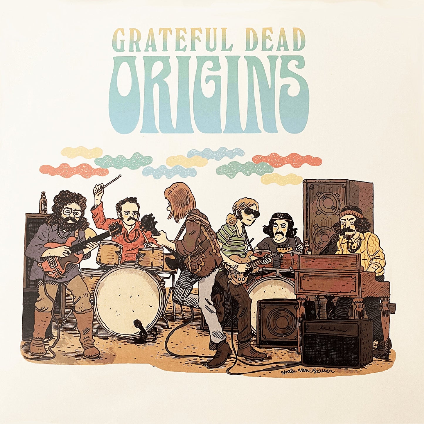 Grateful Dead "Origins" vinyl cover: illustrated band playing instruments.