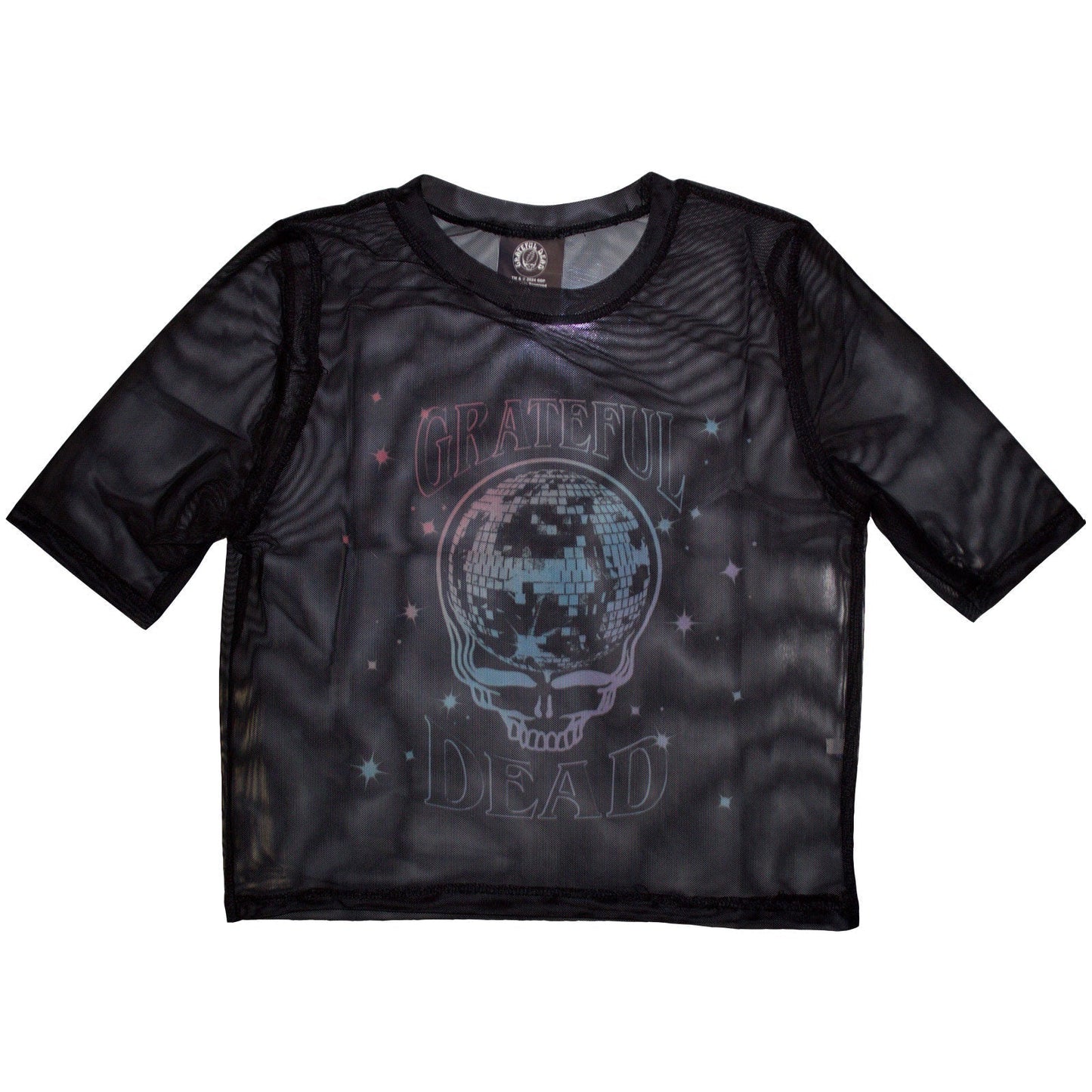 Mesh crop top with Grateful Dead Stealy Kid glitter ball graphic, size X-Large.