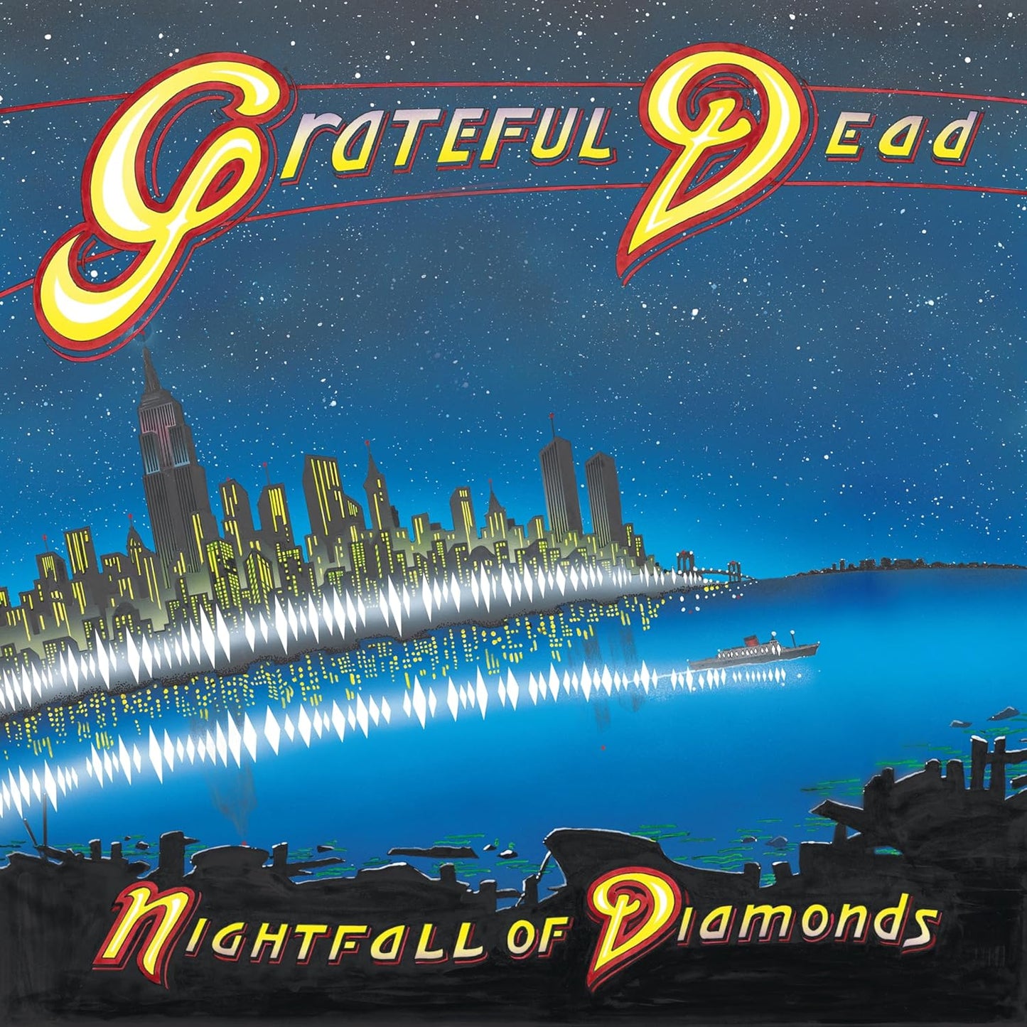 Grateful Dead album cover: Nightfall of Diamonds, city skyline, dark blue.