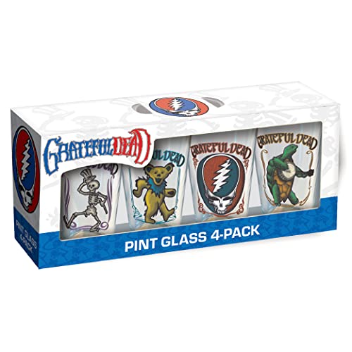 Grateful Dead pint glass set in box, featuring iconic imagery.