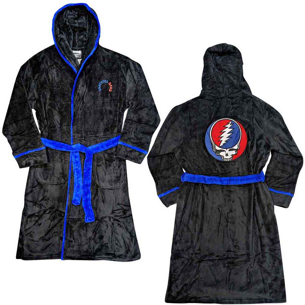 Man wearing a black and blue Grateful Dead hooded bathrobe.