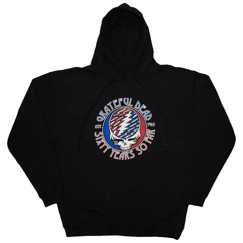 Black pullover hoodie featuring the Grateful Dead Stealie skull logo in white and blue.