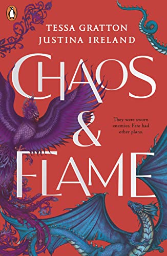 Book cover with a purple phoenix and blue dragon against a red background.