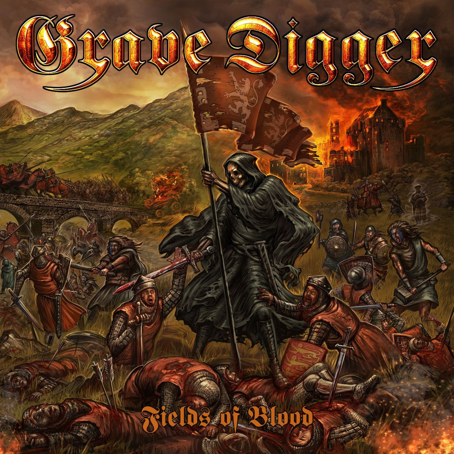 Album cover depicting a grim reaper overseeing a medieval battlefield scene.
