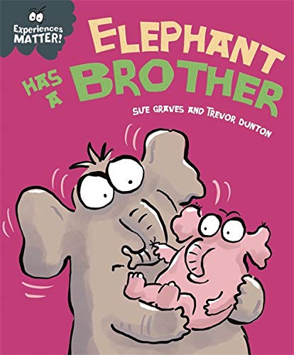 Cartoon illustration of a gray elephant holding a small pink elephant.