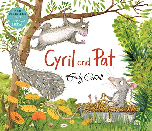 A squirrel hanging from a tree branch above a rat sitting in a pasta bowl.