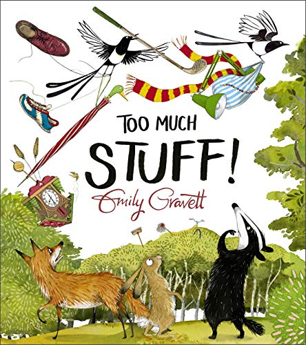 Book cover with animals amongst scattered objects, titled “Too Much Stuff!”