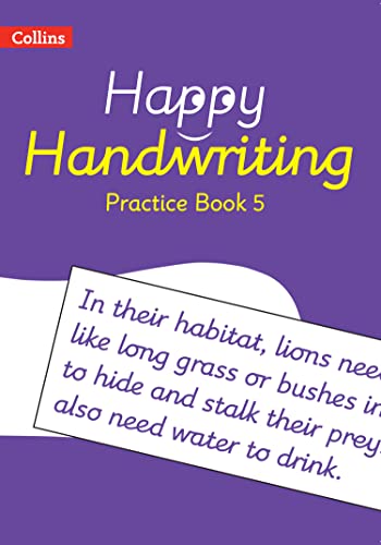 Purple cover of "Happy Handwriting Practice Book 5" with sample text.
