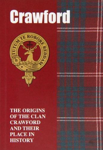 Red book cover with Clan Crawford crest and tartan pattern.