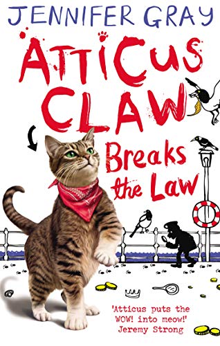 Book cover featuring a tabby cat wearing a red bandana, with birds and a pier.