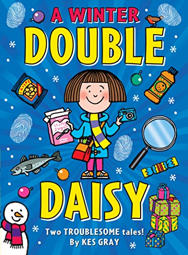 Girl detective with clues, gifts, and winter items on a snowy background.