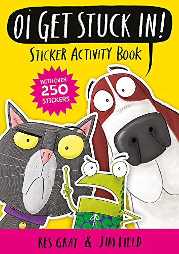 “Oi Get Stuck In!” sticker activity book featuring a cat, dog, and frog.