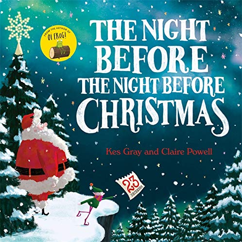 Book cover: Santa Claus with elves, snowy trees, and festive text.