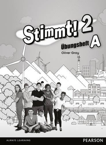 Stimmt! 2" workbook cover with students, a city, and wind turbines.