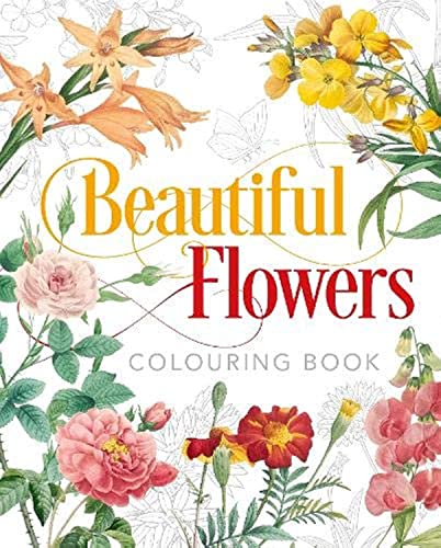 Cover of “Beautiful Flowers Colouring Book” with detailed floral illustrations.