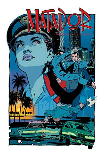 Comic book cover: woman in uniform, men fighting, city skyline.