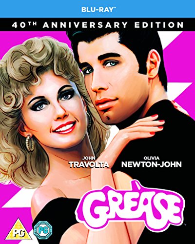 Blu-ray cover featuring John Travolta and Olivia Newton-John against a pink background.