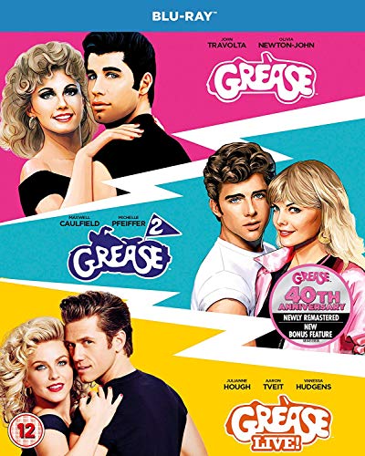 Blu-ray cover art featuring illustrations of couples from Grease, Grease 2, and Grease Live.