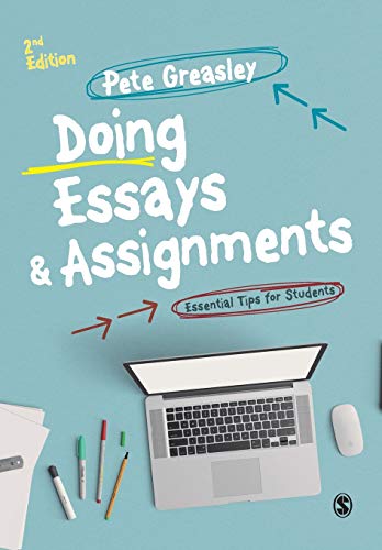 Book cover: "Doing Essays & Assignments" with laptop and writing tools.