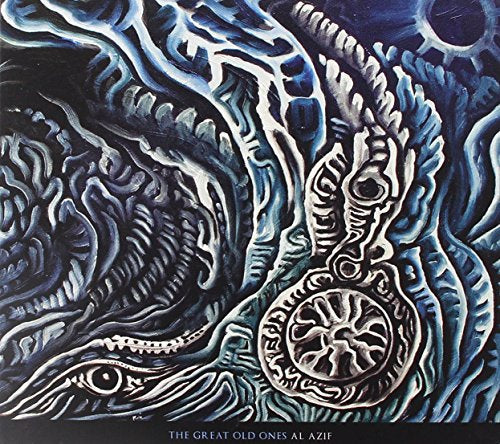 Blue and black abstract painting with an eye and circular design.