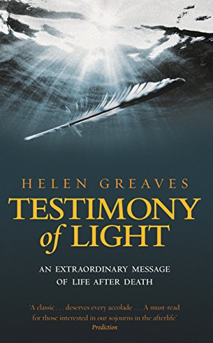 "Book cover with feather and light rays on dark blue background, titled 'Testimony of Light'."